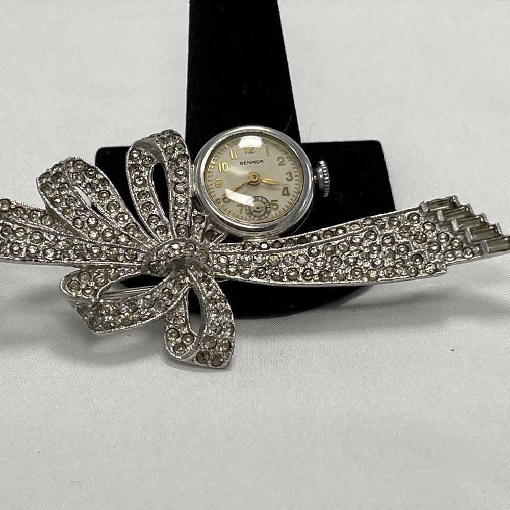 Vintage BENMOR Watch /Rhinestone Bow Brooch.